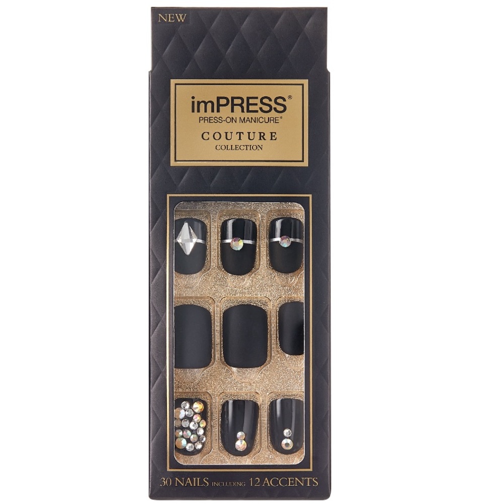 Impress Couture matte Black and gold embellished press on nails